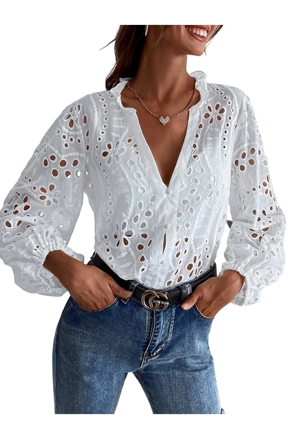 Women Deep V Neck Eyelet Blouses 3/4 Balloon Sleeve Button Down Hollow Out Fall Shirts White L