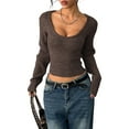 thumbnail image 1 of Women Deep V Neck Knitted Crop Sweater Top Casual Solid Slim Fit Long Sleeve Ribbed Pullover Jumper Tops Brown XS, 1 of 9