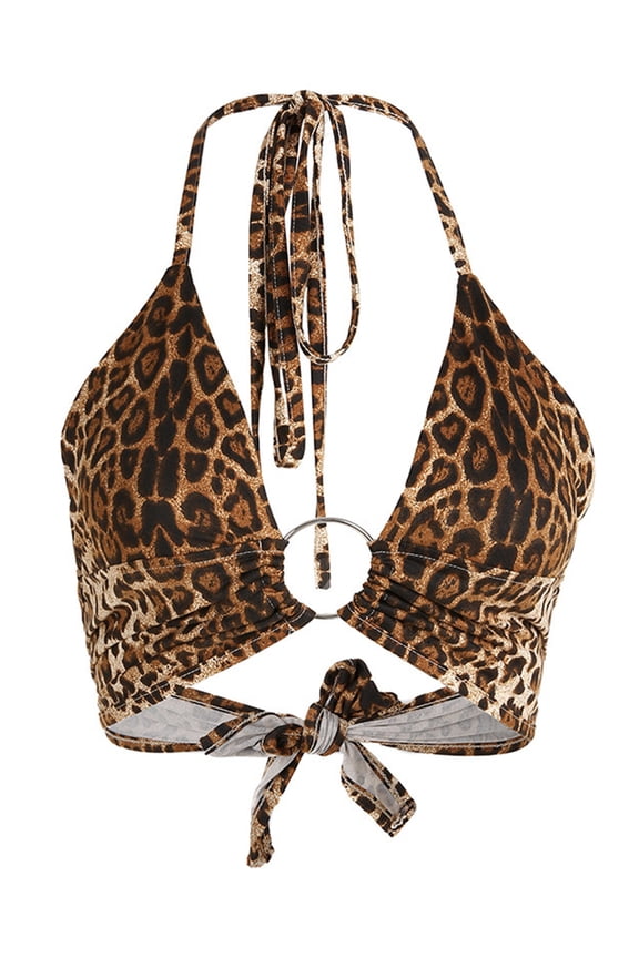 Women Deep V Neck Knot Tie Crop Top Halter Leopard Backless Camis Streetwear Club Camisole, Leopard, Large