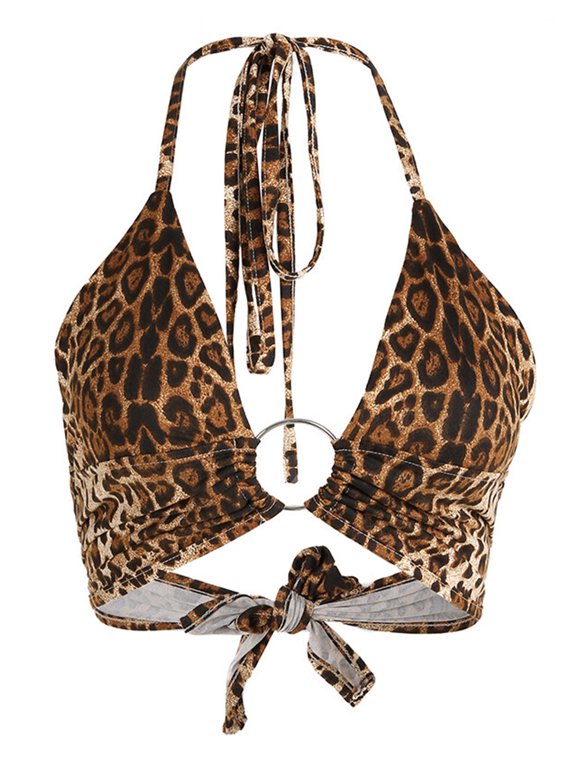 Women Deep V Neck Knot Tie Crop Top Halter Leopard Backless Camis Streetwear Club Camisole, Leopard, Medium