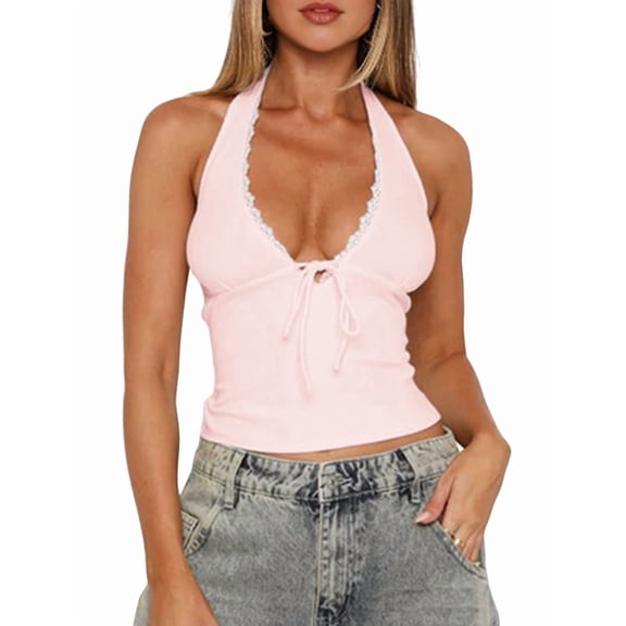 Women Deep V Neck Lace Trim Bow-Tie Halter Top Slim Fit Sleeveless Ruched Colorblock Ribbed Knit Crop Top Pink S