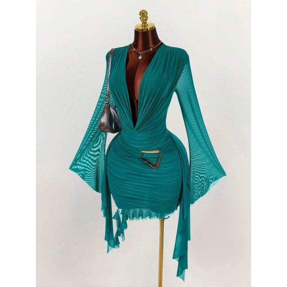 Women Deep V Neck Long Flare Sleeve Mini Dress, Ruched Bodycon Nightout Party Dress with Metal Decor