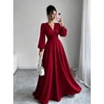 thumbnail image 1 of Women Deep V Neck Long Sleeve Maxi Gown, Ruched Waist A Line Flared Formal Dress, Elegant Party Wedding Guest Dress, 1 of 4