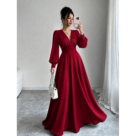 Women Deep V Neck Long Sleeve Maxi Gown, Ruched Waist A Line Flared Formal Dress, Elegant Party Wedding Guest Dress