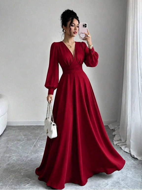 Women Deep V Neck Long Sleeve Maxi Gown, Ruched Waist A Line Flared Formal Dress, Elegant Party Wedding Guest Dress