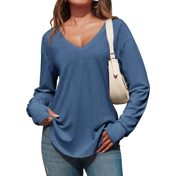 Women Deep V Neck Long Sleeve Oversized Casual Loose Fit Tunic Tops