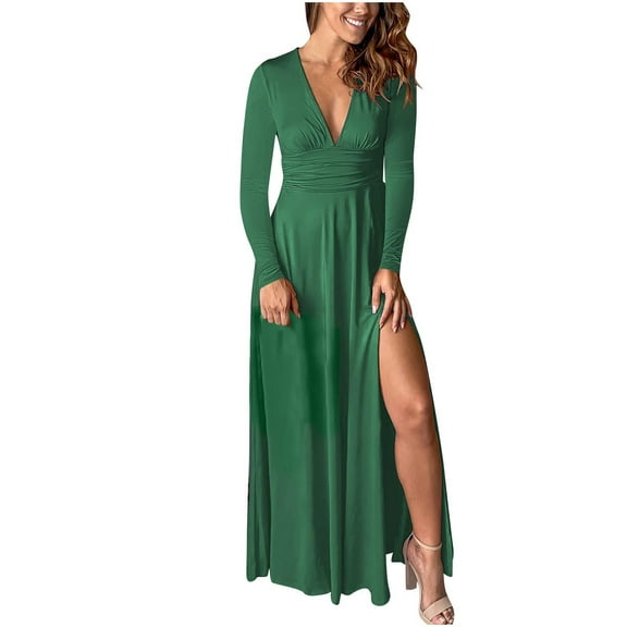 Women Deep V Neck Long Sleeve Slit 2024 Fall Elegant Formal Wedding Guest Cocktail Evening Date Prom Maxi Long Dress