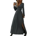 thumbnail image 1 of Women Deep V Neck Long Sleeve Slit 2025 Fall Elegant Formal Wedding Evening Date Prom Maxi Long Dress Dark Gray L, 1 of 7