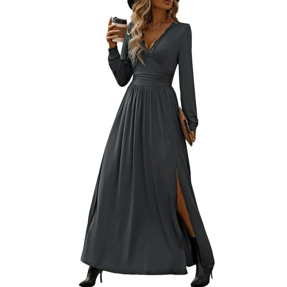 Women Deep V Neck Long Sleeve Slit 2025 Fall Elegant Formal Wedding Evening Date Prom Maxi Long Dress Dark Gray XL