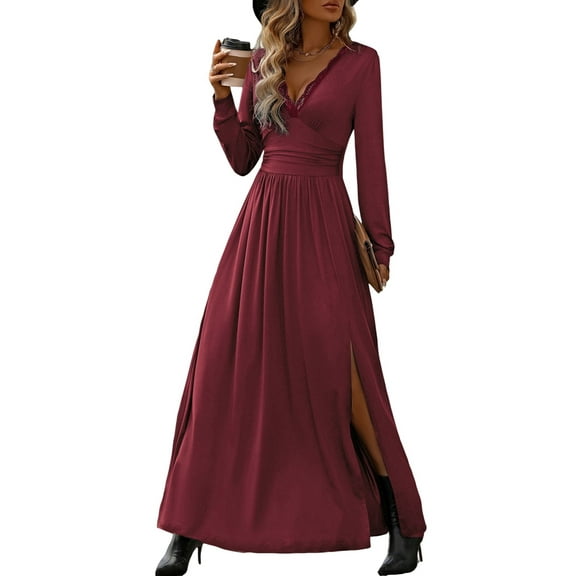 Women Deep V Neck Long Sleeve Slit 2025 Fall Elegant Formal Wedding Evening Date Prom Maxi Long Dress Wine Red M