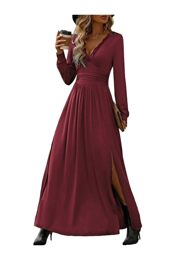 Women Deep V Neck Long Sleeve Slit 2025 Fall Elegant Formal Wedding Evening Date Prom Maxi Long Dress Wine Red M