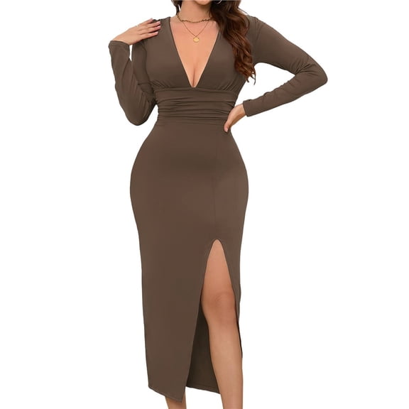 Women Deep V Neck Long Sleeve Slit Fall Elegant Formal Wedding Guest Cocktail Evening Date Prom Maxi Long Dress Brown L
