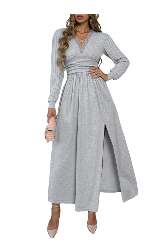 Women Deep V Neck Long Sleeve Slit Fall Elegant Formal Wedding Guest Evening Date Prom Maxi Long Dress Light Grey L