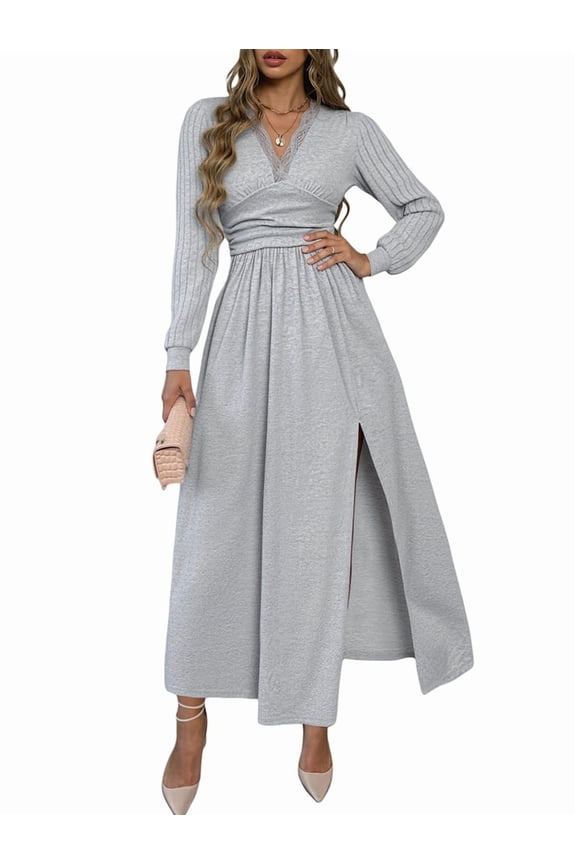 Women Deep V Neck Long Sleeve Slit Fall Elegant Formal Wedding Guest Evening Date Prom Maxi Long Dress Light Grey L