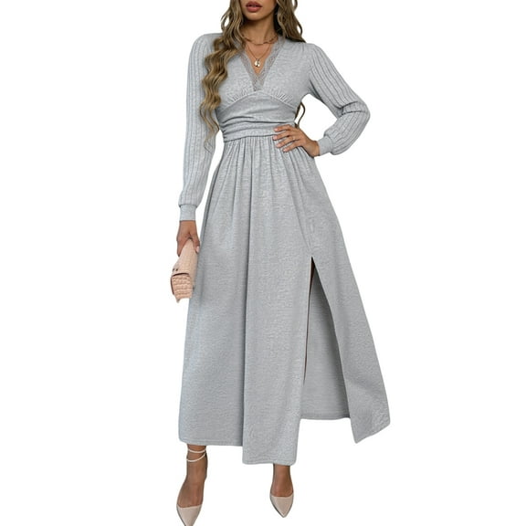 Women Deep V Neck Long Sleeve Slit Fall Elegant Formal Wedding Guest Evening Date Prom Maxi Long Dress Light Grey XL