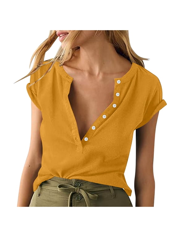 Women Deep V Neck Low Cut Tops Casual Ribbed Knit Henley T-Shirts Summer Short Sleeve Tees Yellow L