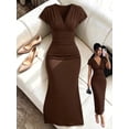 thumbnail image 1 of Women Deep V Neck Short Sleeve Midi Dress Ruched Waist Bodycon Dress for Office Date Party Dinner, 1 of 9