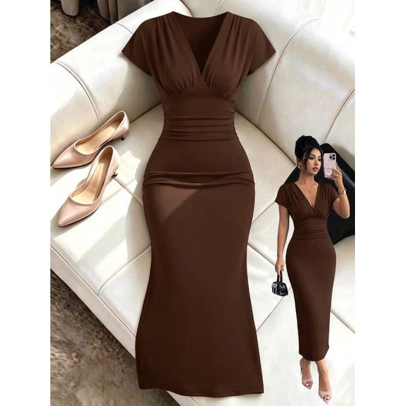 Women Deep V Neck Short Sleeve Midi Dress Ruched Waist Bodycon Dress for Office Date Party Dinner