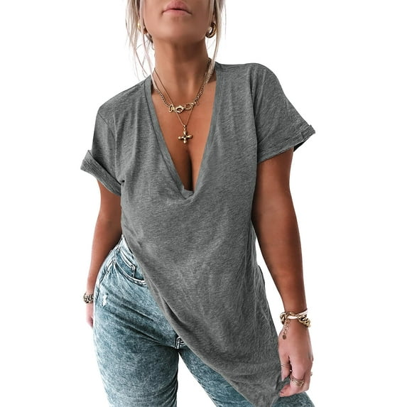Women Deep V Neck Short Sleeve Side Slit Oversized T Shirts Tunic Top