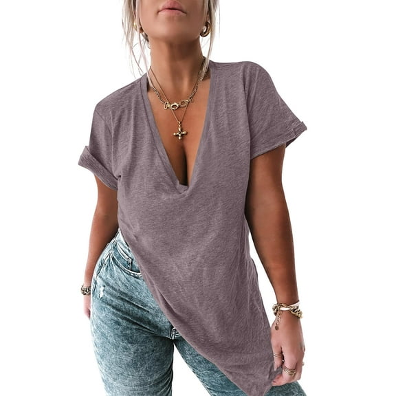 Women Deep V Neck Short Sleeve Side Slit Oversized T Shirts Tunic Top