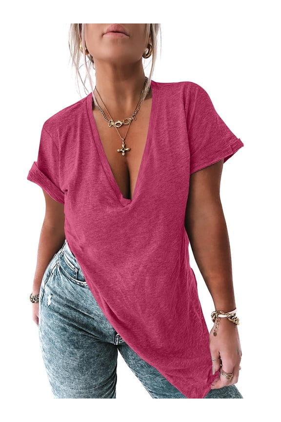 Women Deep V Neck Short Sleeve Side Slit Oversized T Shirts Tunic Top