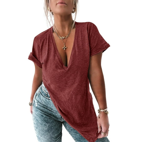 Women Deep V Neck Short Sleeve Side Slit Oversized T Shirts Tunic Top