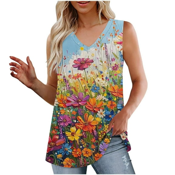 Women Deep V Neck Sleeveless Tee Floral Pleated Tank Tops Fltter Hem Camisole Oversized Tunic Blouses Trends Fashion Cami Going Out Summer Blouse