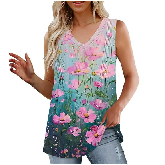 Women Deep V Neck Sleeveless Tee Floral Pleated Tank Tops Fltter Hem Camisole Oversized Tunic Blouses Trends Fashion Cami Going Out Summer Blouse