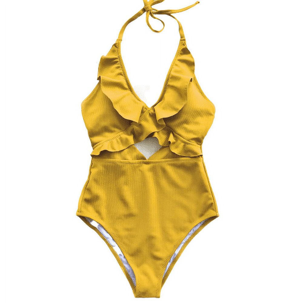 Women Deep V Neck Swimsuit One Piece Ruffles Swimwear Padded Bathing