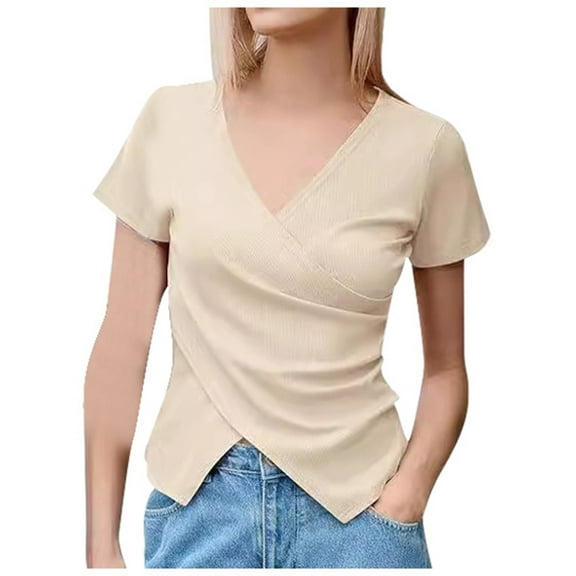 Women Deep V Neck T-Shirts Low Cut Short Sleeve Slim Tunic Tops Solid Trendy Lightweight Casual 2025 Beach Tees