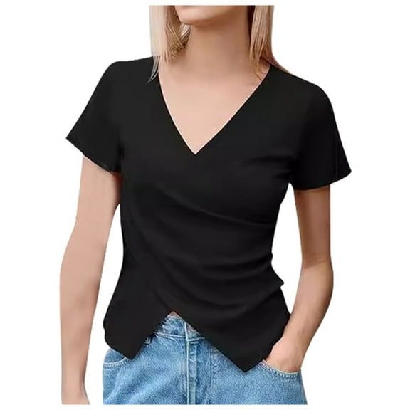 Women Deep V Neck T-Shirts Low Cut Short Sleeve Slim Tunic Tops Solid Trendy Lightweight Casual 2025 Beach Tees