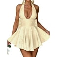 thumbnail image 1 of Women Deep V Sleeveless Halter Neck Bow-Knot Evening Cocktail Long Dress Yellow S, 1 of 7