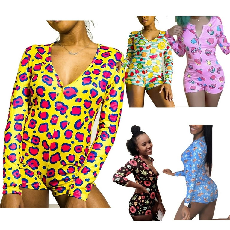 Women Deep V-neck Animals Bodysuit Long Sleeve Bodycon Stretch Bodysuit  Button Short Romper Pajama Sleepwear Jumpsuit 