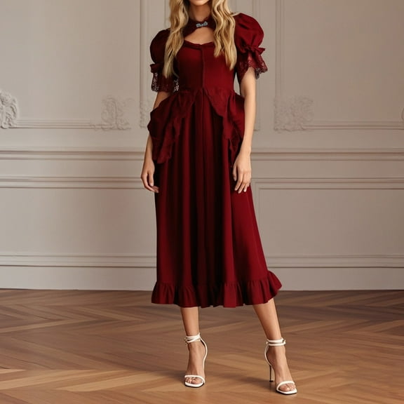 Women Defined Waist Dress Short Sleeve A Line Dress Ruffle High Low Dress With Drawstring Lined Midi Dress Knee Length Summer Dress Womens Dresses Semi Casual Womens Dresses Long Sleeve Casual Swing