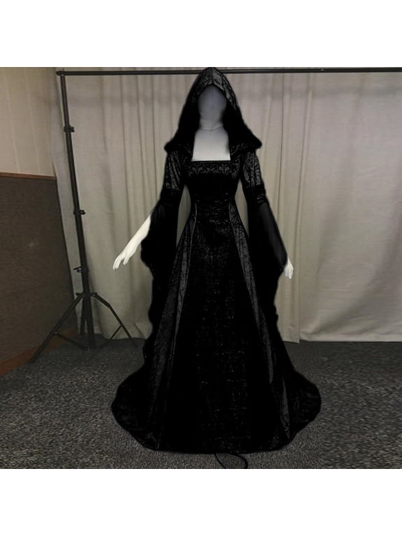 Women Deluxe Witch Dress Costume, Vintage Embroidered Renaissance Gothic Hooded Vampire Gown Dress Cosplay