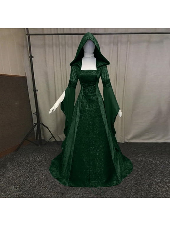 Women Deluxe Witch Dress Costume, Vintage Embroidered Renaissance Gothic Hooded Vampire Gown Dress Cosplay