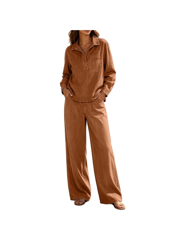 Women Denim 2 Piece Set Lapel Button Up Long Sleeve Tops High Waist Wide Leg Jeans Casual Loose Fashion Plus Size Outfit (XXL, Brown)