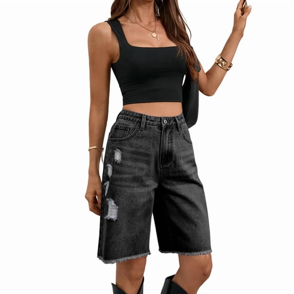 Women Denim Bermuda Shorts Knee Length Low Rise Baggy Jorts Dark Gray S