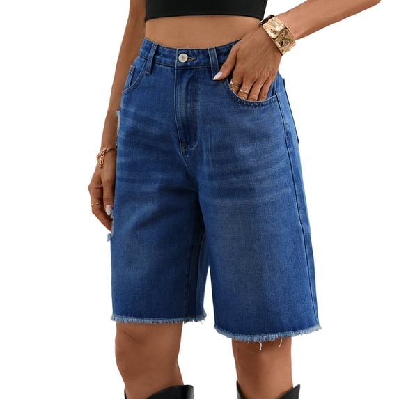 Women Denim Bermuda Shorts Knee Length Low Rise Baggy Jorts L