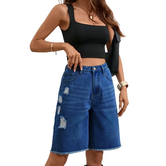 Women Denim Bermuda Shorts Knee Length Low Rise Baggy Jorts XL