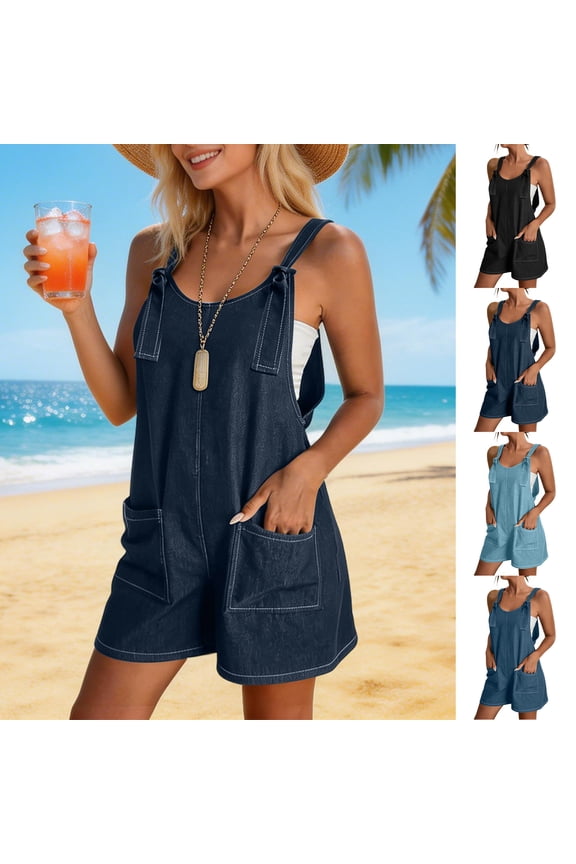 Women Denim Bib Shorts Overalls Suspender Romper Shorts Casual Wide Leg Jumpsuit Shortalls With Pocket Blue M