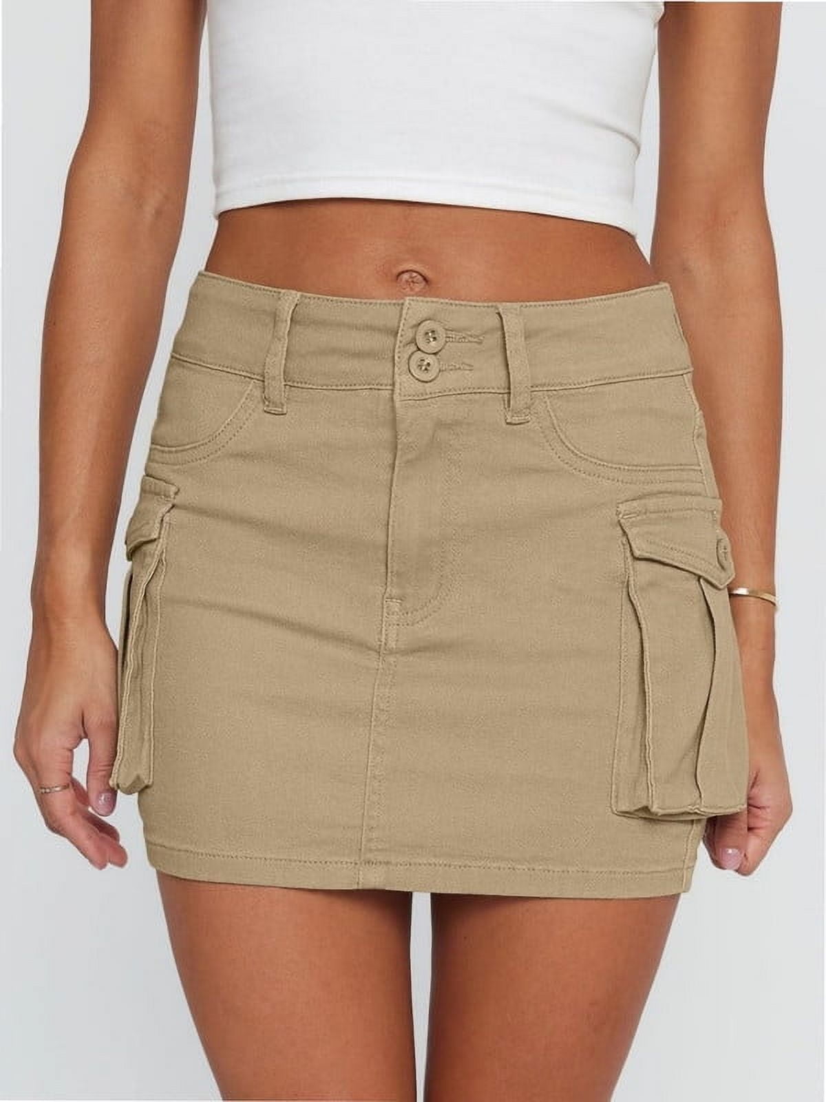 Women Denim Cargo Skirt Mini Low Waist Button Bodycon Flap Pockets — free download