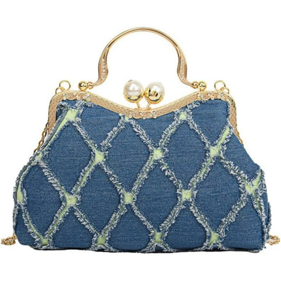 Women Denim Clutch Handbag Canvas Kiss-lock Evening Purse Chain Crossbody Hobo Bag Small Handle Bag