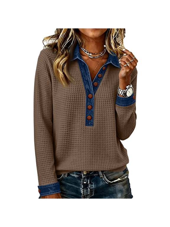Women Denim Collar Patchwork Long Sleeve Pullover Top Casual Loose Work 2 in 1 Layered Pullover Shirt Long Sleeve Polo Casual Jean Tops Blouses
