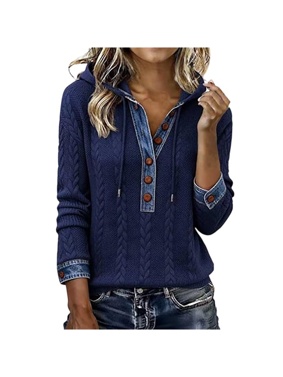 Women Denim Collar Patchwork Long Sleeve Pullover Top V Neck Long Sleeve Shirts Patchwork Sweatshirt Vintage Printed Sweatshirts Casual Jean Tops