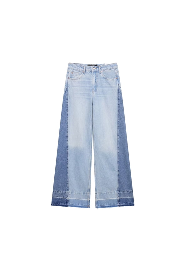 Women Denim Cotton Patchwork Wide Leg Pants High Waist Mid Rise Light Blue Basic Style No Stretch Spring 2026