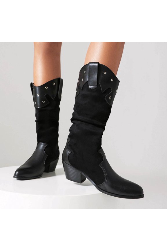 Women Denim Cowboy Boots Patchwork Knee High Boots Western Mid Calf Jeans Shoes Pointed Toe Chunky Heel Pull On