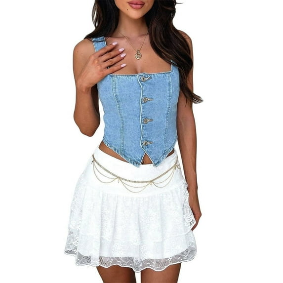 Women Denim Crop Vest Y2k Button Down Sleeveless Top Jean Tank Slim Backless Corset Smocking Blue L