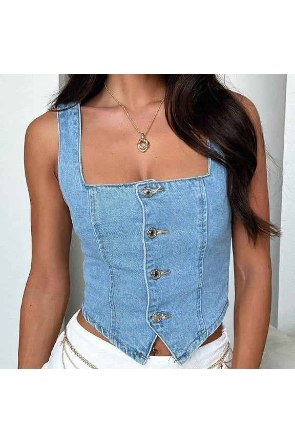 Women Denim Crop Vest Y2k Button Down Sleeveless Crop Top Jean Tank Top Slim Backless Corset Top Smocking Vest, Limited Time Clear