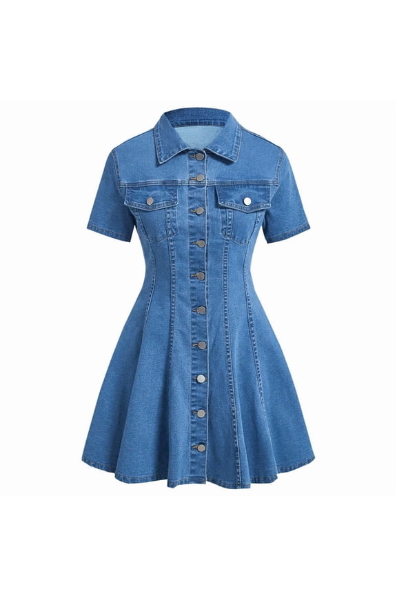 Women Denim Dress Button Down Close Short Sleeve A-Line Cotton Jean Dress Light Blue M